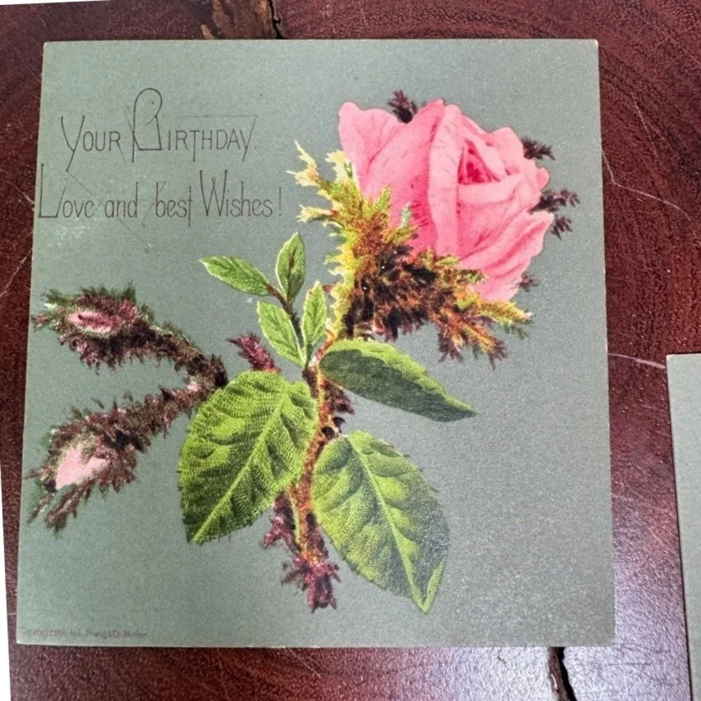 Antique Ephemera L Prang Co Victorian Floral Birthday Cards Violets Rose 1881